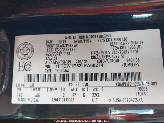 Продаж на аукціоні авто 2020 Ford F150 Supercrew, vin: 1FTEW1E52LFA00274, номер лоту: 12534064