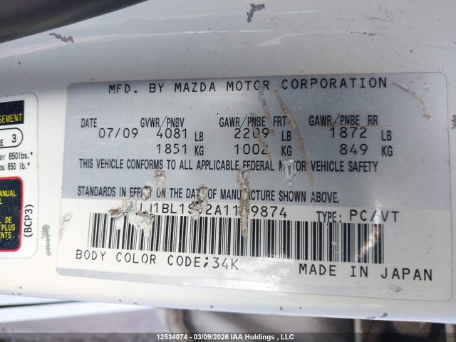 Aukcja sprzedaży 2010 Mazda Mazda3 Gt, vin: JM1BL1S52A1189874, numer aukcji: 12534074