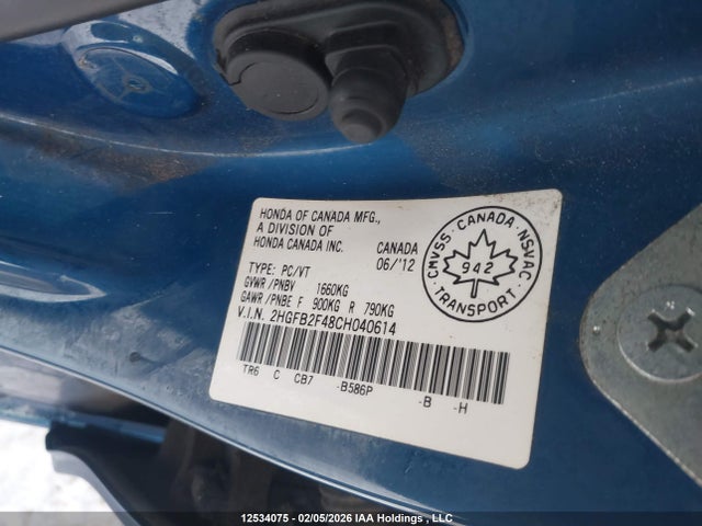 Aukcja sprzedaży 2012 Honda Civic Lx, vin: 2HGFB2F48CH040614, numer aukcji: 12534075
