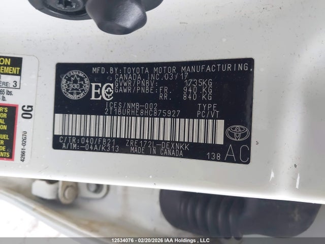 12534076 :رقم المزاد ، 2T1BURHE8HC875927 vin ، 2017 Toyota Corolla Le مزاد بيع