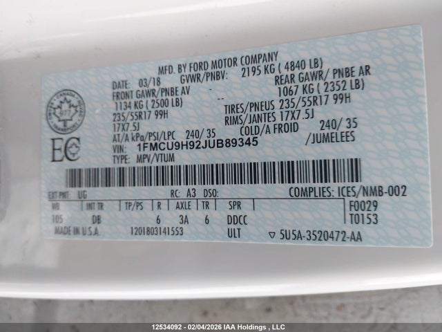 1FMCU9H92JUB89345 Ford ESCAPE SEL