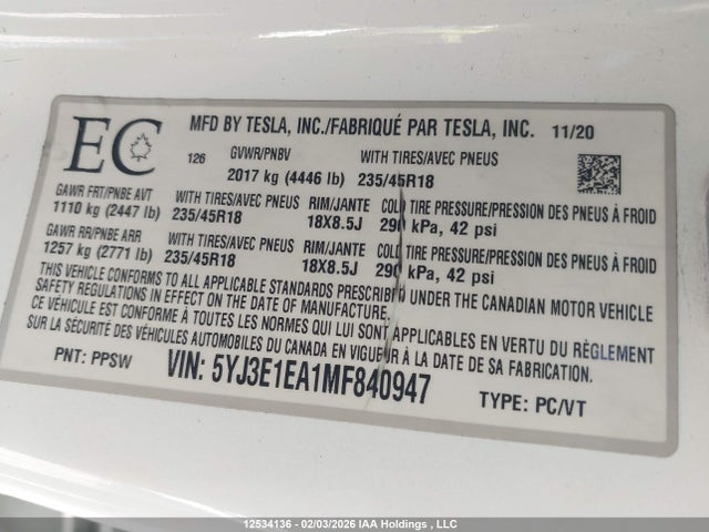 5YJ3E1EA1MF840947 Tesla Model 3 Standard Range/standard Range Plus