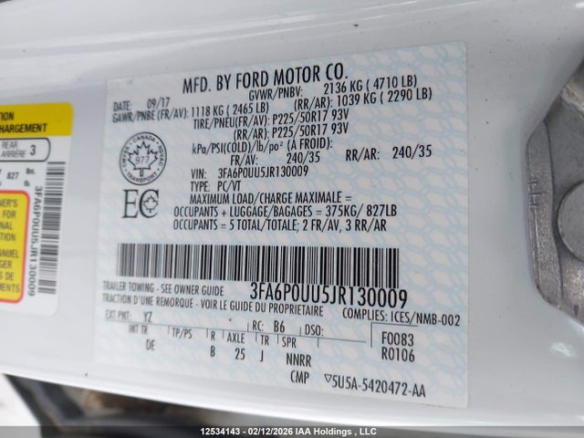 3FA6P0UU5JR130009 Ford Fusion Hybrid Hybrid