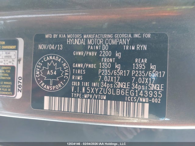 5XYZU3LB6EG143935 Hyundai SANTA FE SPORT