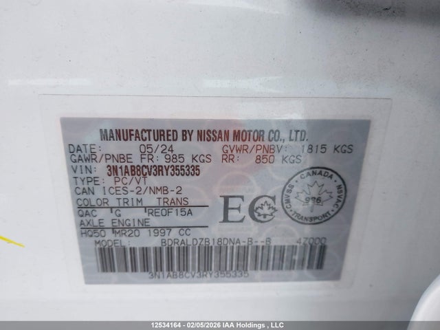 Aukcja sprzedaży 2024 Nissan Sentra Sv, vin: 3N1AB8CV3RY355335, numer aukcji: 12534164