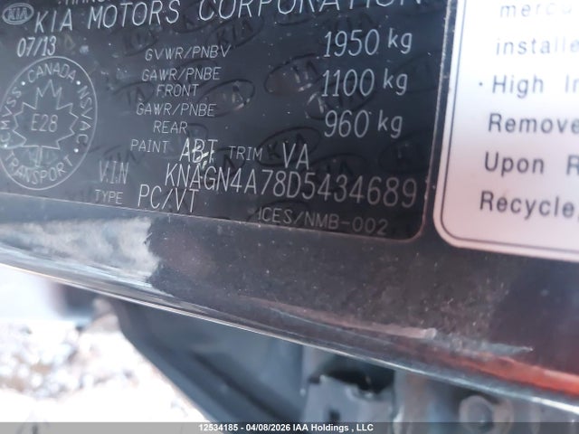12534185 :رقم المزاد ، KNAGN4A78D5434689 vin ، 2013 Kia Optima Ex/ex Luxury/ex+ مزاد بيع