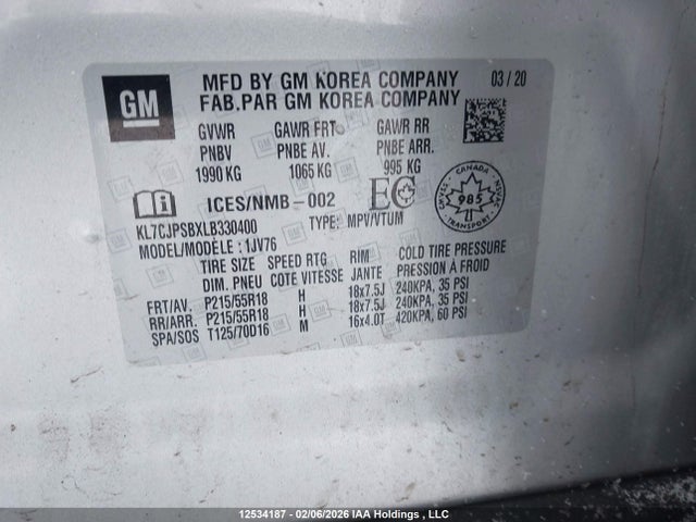 Продаж на аукціоні авто 2020 Chevrolet Trax 1lt, vin: KL7CJPSBXLB330400, номер лоту: 12534187
