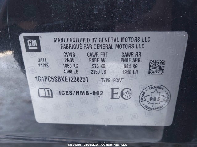 12534210 :رقم المزاد ، 1G1PC5SBXE7238351 vin ، 2014 Chevrolet Cruze Lt مزاد بيع