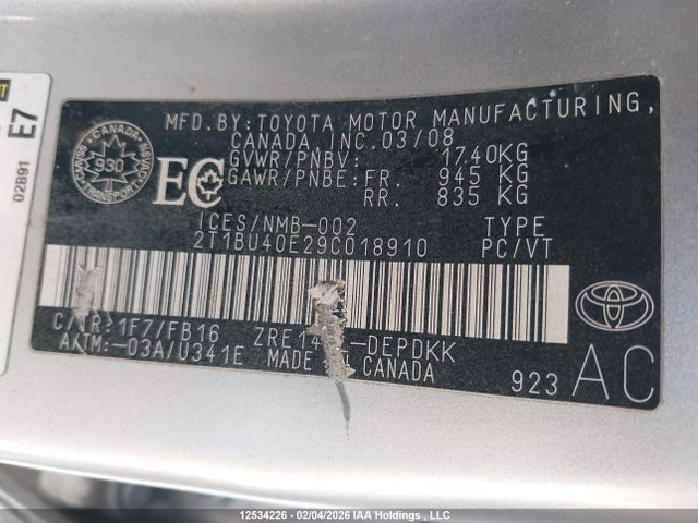 12534226 :رقم المزاد ، 2T1BU40E29C018910 vin ، 2009 Toyota Corolla S/le/xle مزاد بيع