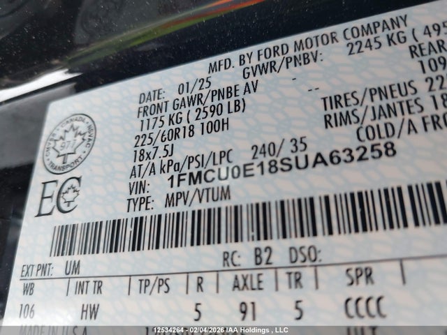 12534264 :رقم المزاد ، 1FMCU0E18SUA63258 vin ، 2025 Ford Escape Phev مزاد بيع