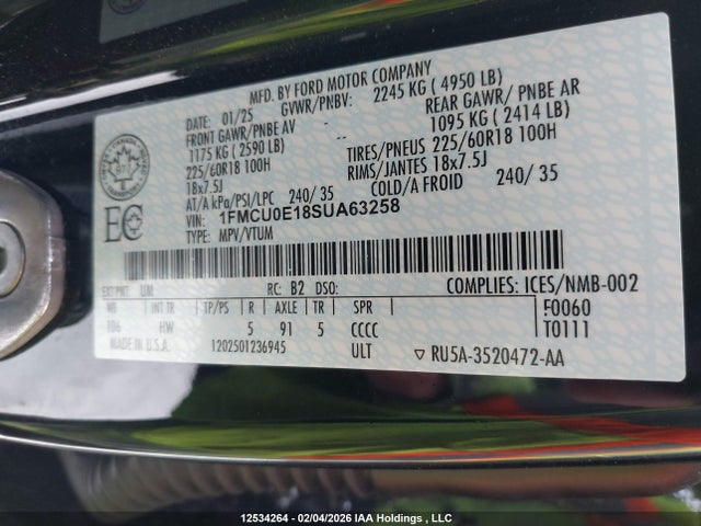 12534264 :رقم المزاد ، 1FMCU0E18SUA63258 vin ، 2025 Ford Escape Phev مزاد بيع
