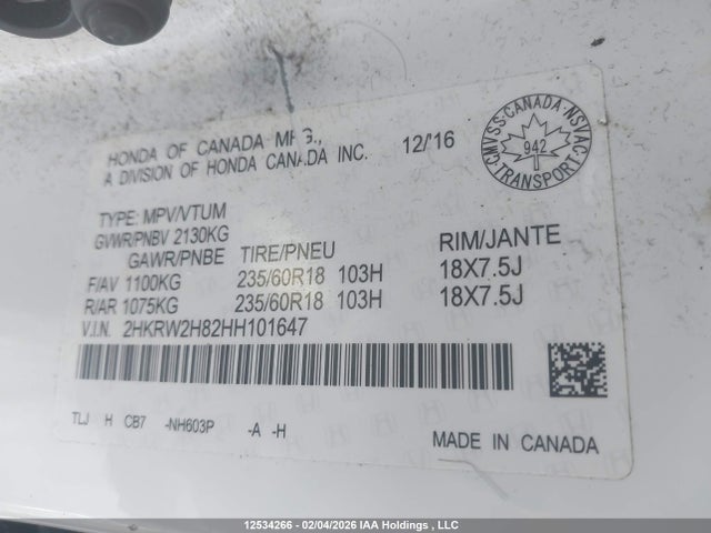 2HKRW2H82HH101647 Honda Cr-v Ex-l