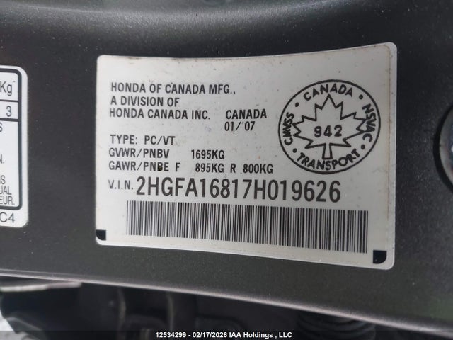 2007 Honda Civic Ex მანქანა იყიდება აუქციონზე, vin: 2HGFA16817H019626, აუქციონის ნომერი: 12534299