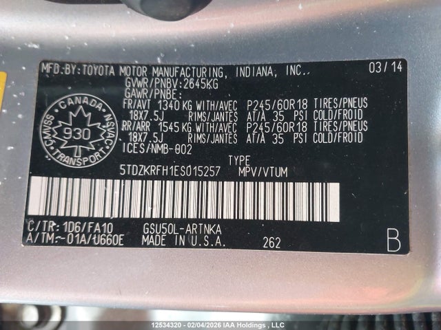 5TDZKRFH1ES015257 Toyota Highlander Le/le Plus