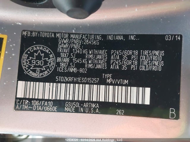 5TDZKRFH1ES015257 Toyota Highlander Le/le Plus