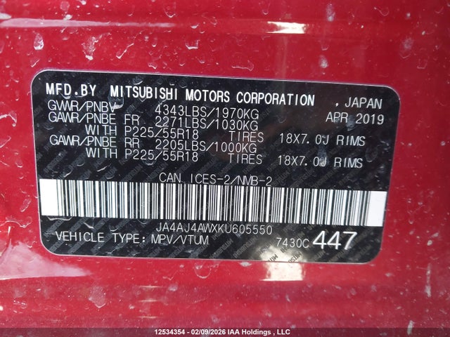 Aukcja sprzedaży 2019 Mitsubishi Rvr, vin: JA4AJ4AWXKU605550, numer aukcji: 12534354