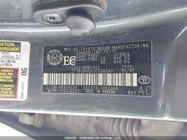 12534357 :رقم المزاد ، 2T1BURHE8JC030243 vin ، 2018 Toyota Corolla L/le/xle/se/xse مزاد بيع