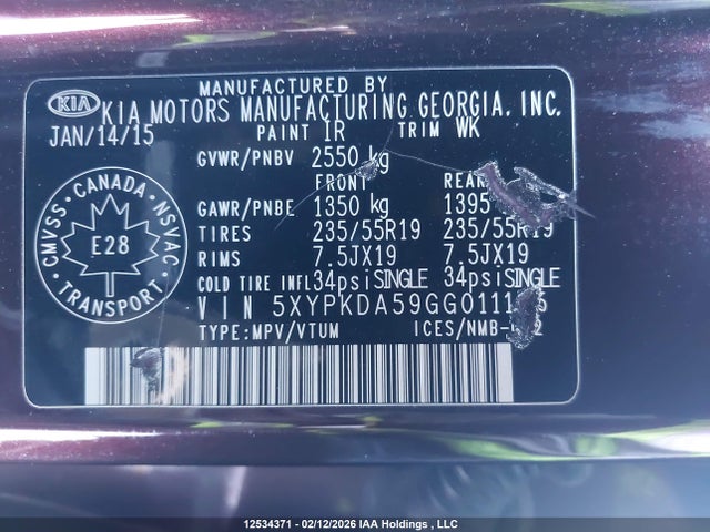 5XYPKDA59GG011125 KIA Sorento Sx/sx Limited