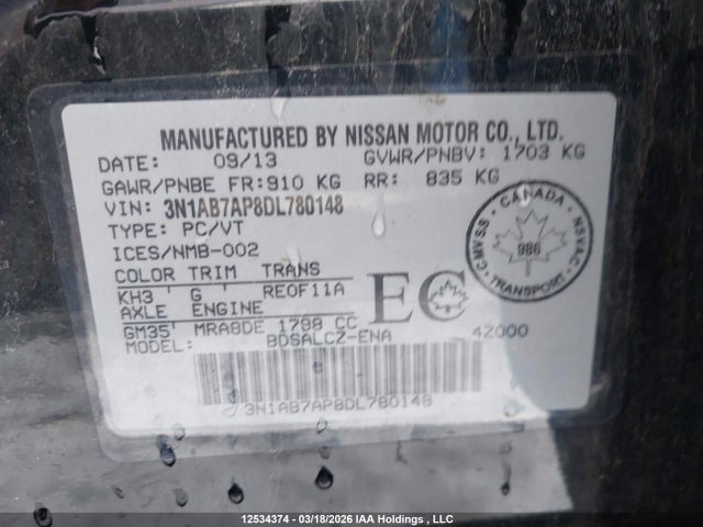 2013 Nissan Sentra მანქანა იყიდება აუქციონზე, vin: 3N1AB7AP8DL780148, აუქციონის ნომერი: 12534374