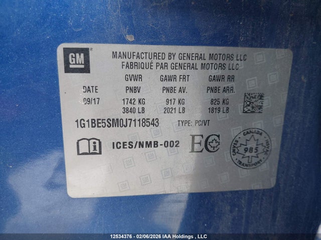 2018 Chevrolet Cruze მანქანა იყიდება აუქციონზე, vin: 1G1BE5SM0J7118543, აუქციონის ნომერი: 12534376