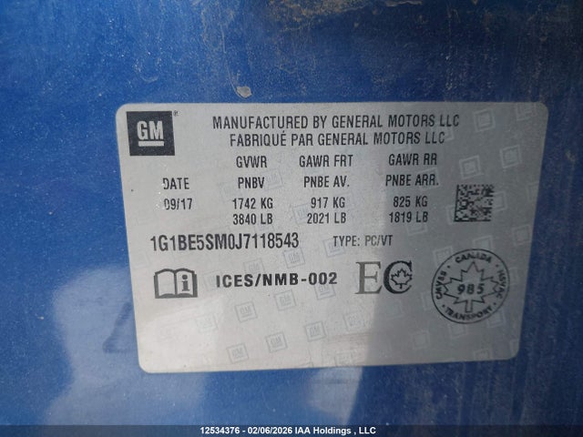 2018 Chevrolet Cruze მანქანა იყიდება აუქციონზე, vin: 1G1BE5SM0J7118543, აუქციონის ნომერი: 12534376