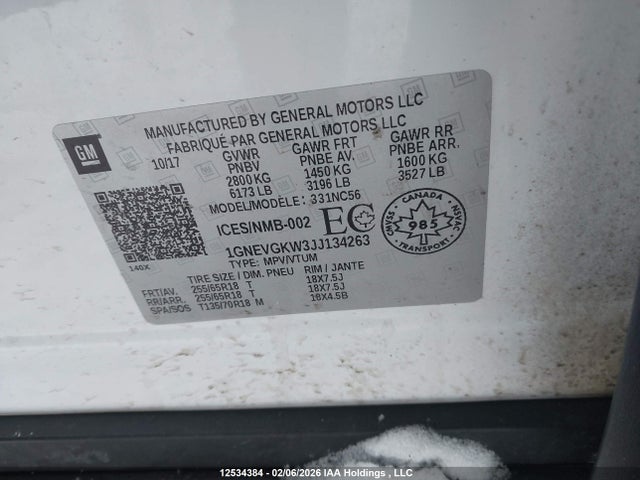 1GNEVGKW3JJ134263 Chevrolet Traverse Lt Cloth