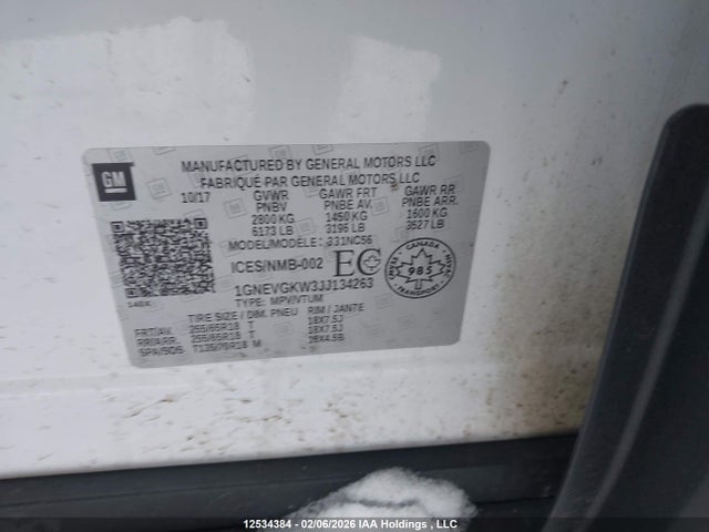 1GNEVGKW3JJ134263 Chevrolet Traverse Lt Cloth