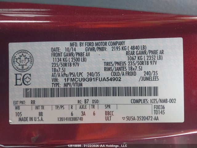 1FMCU9G91FUA54902 Ford ESCAPE SE