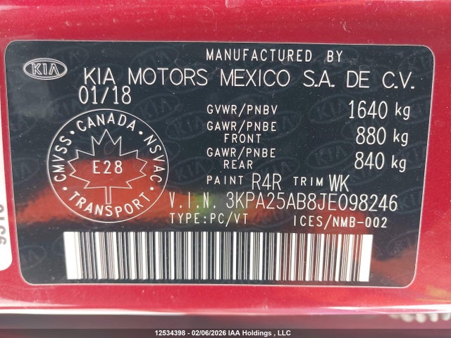 3KPA25AB8JE098246 KIA RIO LX/S