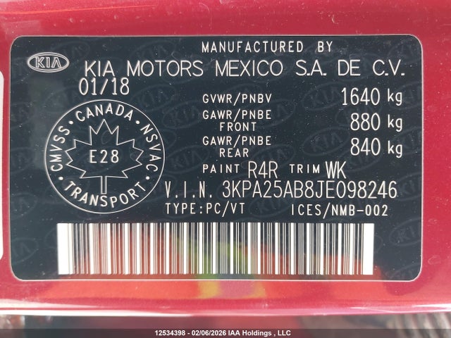 3KPA25AB8JE098246 KIA RIO LX/S