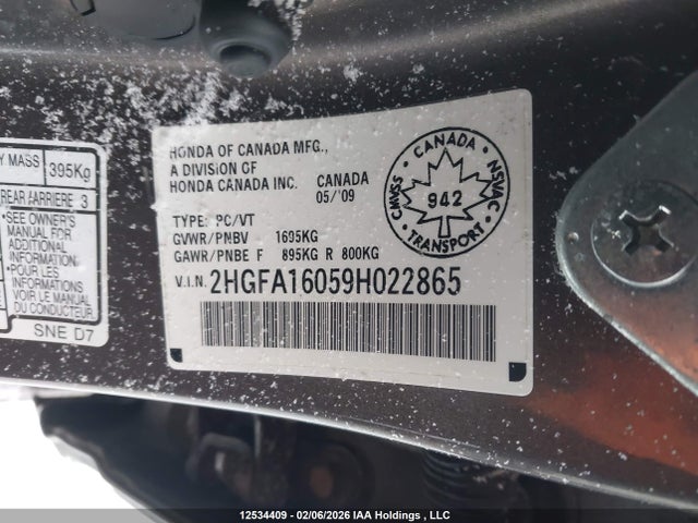 Aukcja sprzedaży 2009 Honda Civic Exl, vin: 2HGFA16059H022865, numer aukcji: 12534409