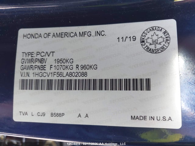 1HGCV1F56LA802088 Honda ACCORD EXL