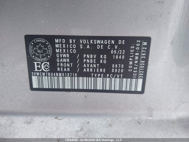 12534425 :رقم المزاد ، 3VWCM7BU4NM018710 vin ، 2022 Volkswagen Jetta Trendline مزاد بيع