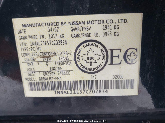 Продажа на аукционе авто 2007 Nissan Altima 2.5 S, vin: 1N4AL21E57C202834, номер лота: 12534428