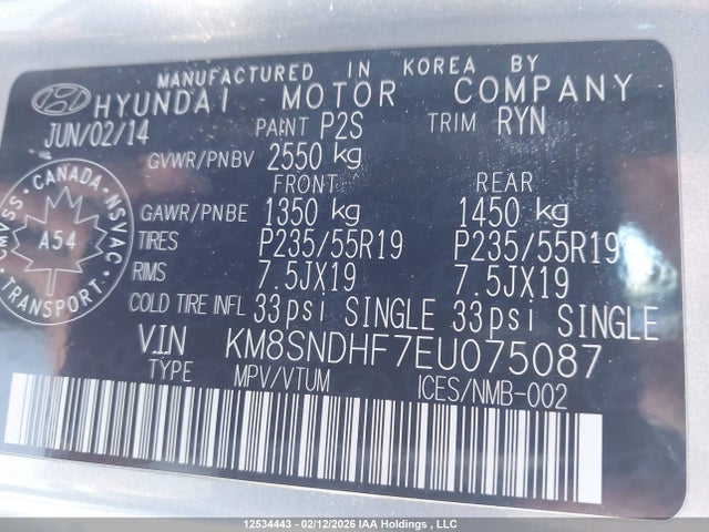 Продажа на аукционе авто 2014 Hyundai Santa Fe Xl Limited, vin: KM8SNDHF7EU075087, номер лота: 12534443