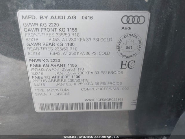 Продаж на аукціоні авто 2016 Audi Q3 4p Ti, vin: WA1EFCFS8GR022861, номер лоту: 12534450