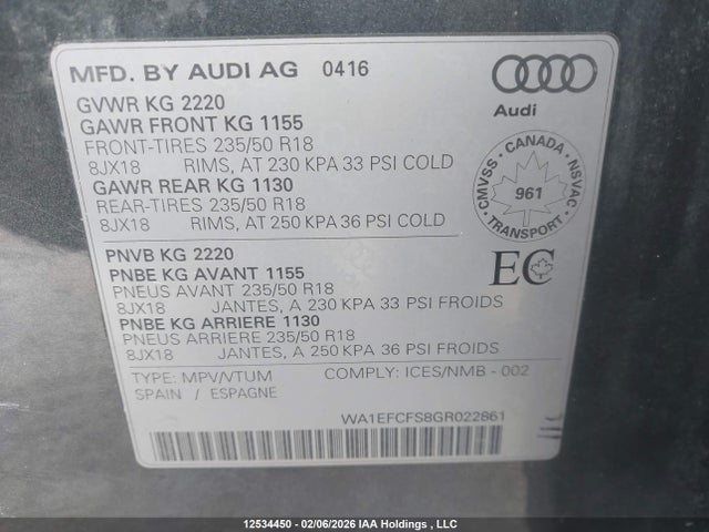 Продаж на аукціоні авто 2016 Audi Q3 4p Ti, vin: WA1EFCFS8GR022861, номер лоту: 12534450