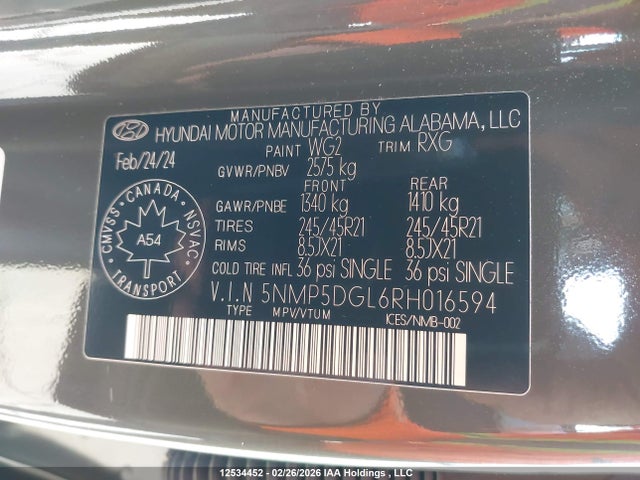 12534452 :رقم المزاد ، 5NMP5DGL6RH016594 vin ، 2024 Hyundai Santa Fe Calligraphy مزاد بيع