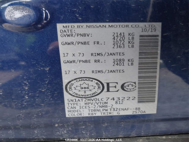 5N1AT2MV0LC743222 Nissan Rogue S/sl/sv