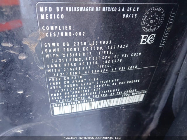 3VV2B7AX8JM183168 Volkswagen Tiguan Comfortline