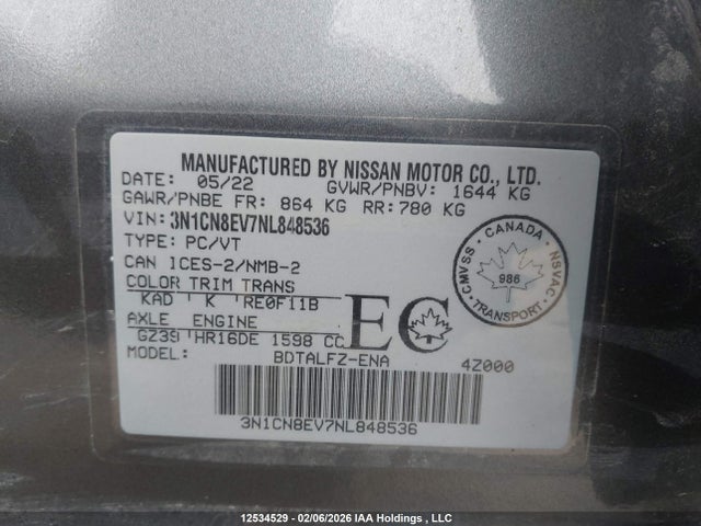 Продажа на аукционе авто 2022 Nissan Versa Sv, vin: 3N1CN8EV7NL848536, номер лота: 12534529