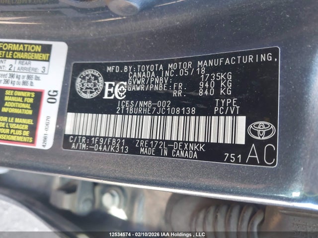 Aukcja sprzedaży 2018 Toyota Corolla Le, vin: 2T1BURHE7JC108138, numer aukcji: 12534574