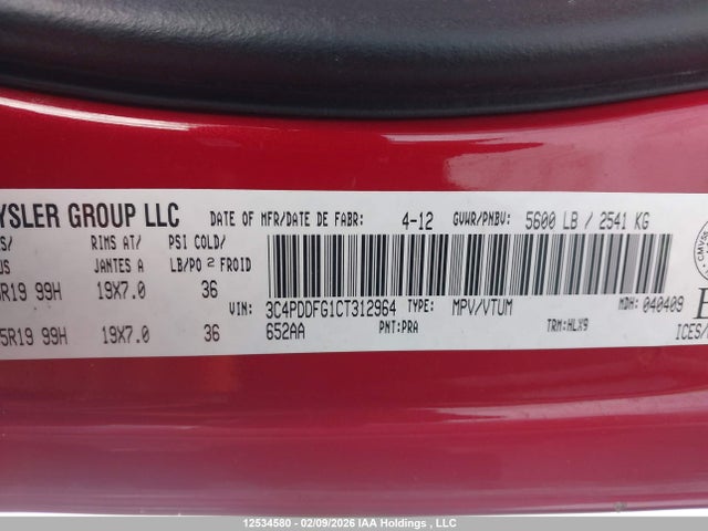 Aukcja sprzedaży 2012 Dodge Journey, vin: 3C4PDDFG1CT312964, numer aukcji: 12534580