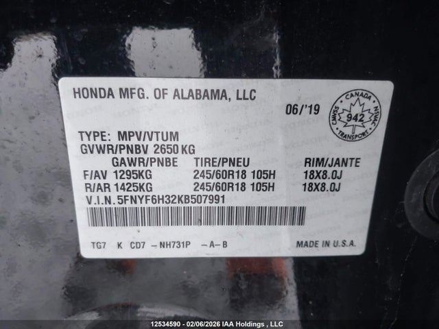 5FNYF6H32KB507991 Honda Pilot Ex