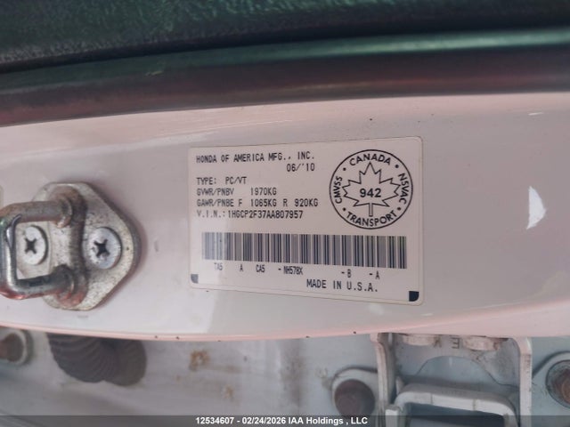 Aukcja sprzedaży 2010 Honda Accord Lx, vin: 1HGCP2F37AA807957, numer aukcji: 12534607