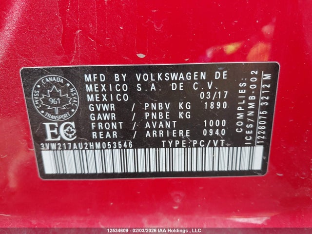 3VW217AU2HM053546 Volkswagen Golf S/wolfsburg/se/sel