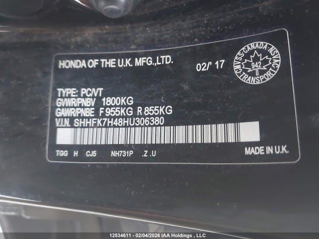 12534611 :رقم المزاد ، SHHFK7H48HU306380 vin ، 2017 Honda Civic Sport مزاد بيع