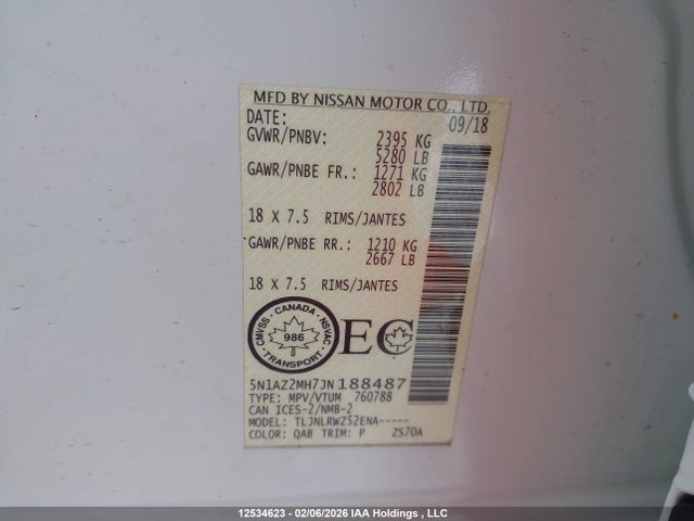 5N1AZ2MH7JN188487 Nissan Murano S/sl/sv/platinum