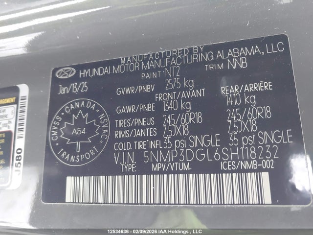 2025 Hyundai Santa Fe მანქანა იყიდება აუქციონზე, vin: 5NMP3DGL6SH118232, აუქციონის ნომერი: 12534636