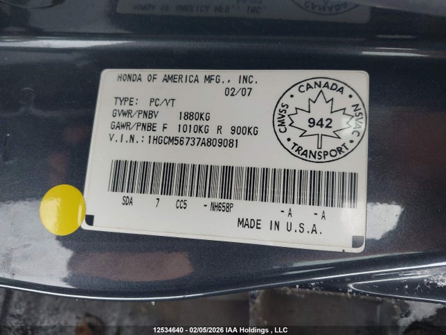 12534640 :رقم المزاد ، 1HGCM56737A809081 vin ، 2007 Honda Accord Ex-l/se مزاد بيع
